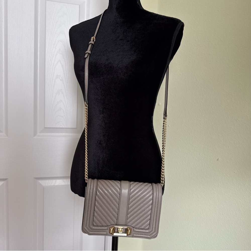 Rebecca Minkoff Chevron Quilted Small Love Crossbody Bag Taupe Gold